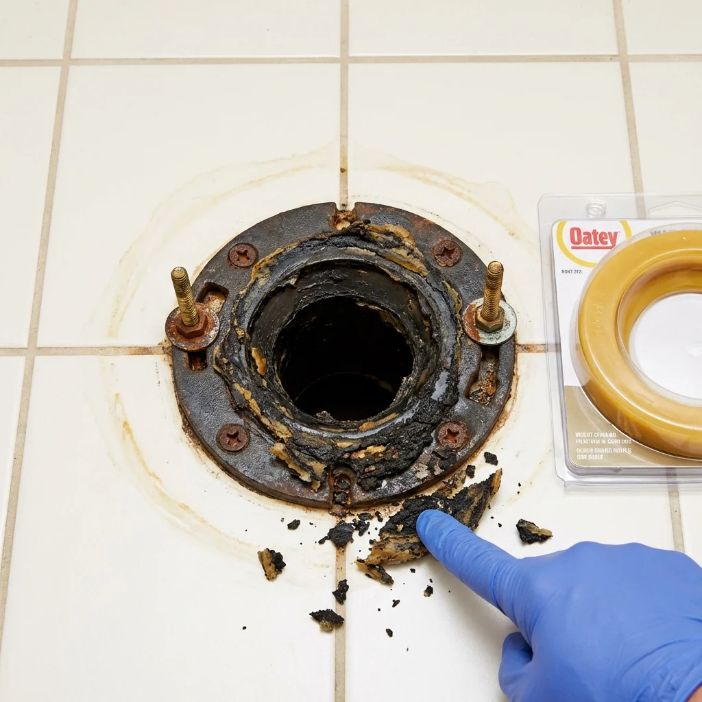 Failed wax ring showing water seepage at the base of a toilet in a Clayton, GA home