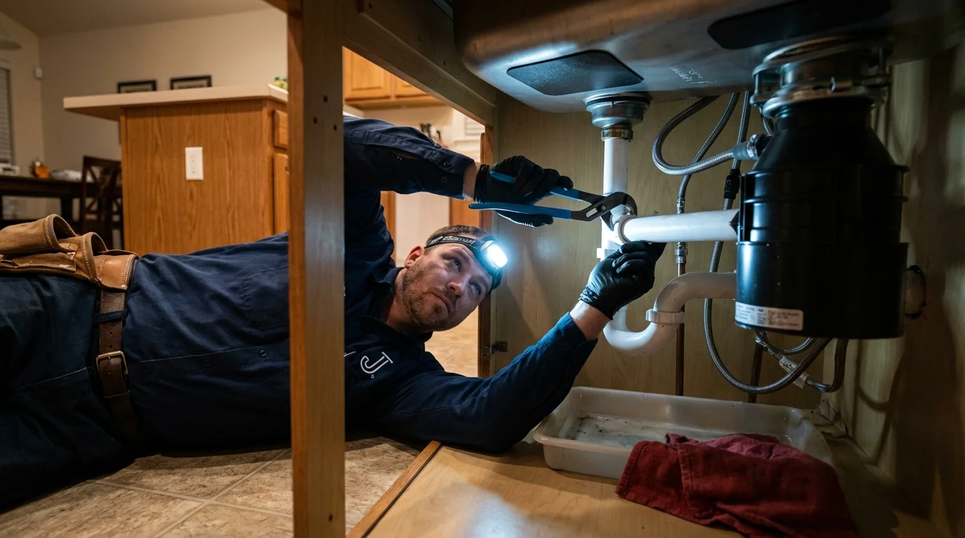 P-trap and supply line connections under a kitchen sink showing a common leak point in Clayton, GA